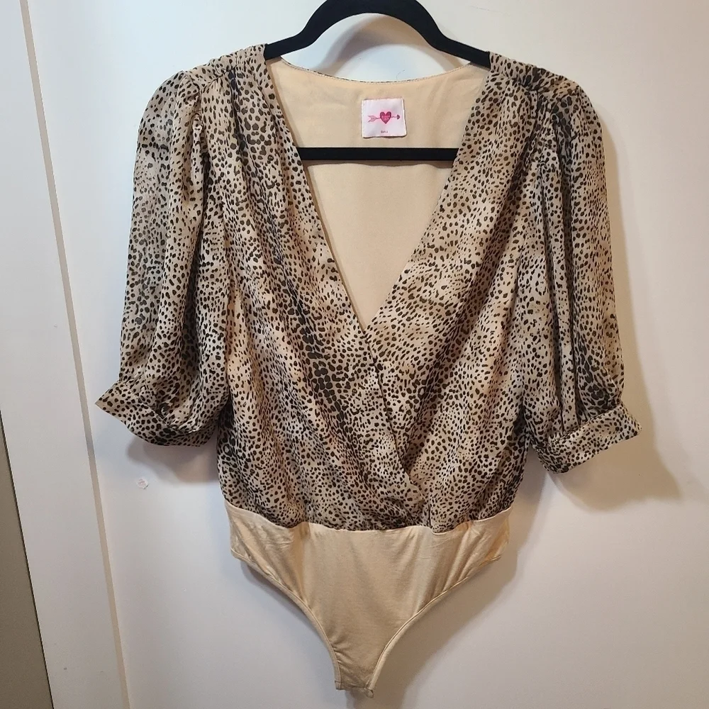 Buddy Love Faux Wrap Bodysuit Womens Small Twyla Surplice Leopard Cheetah Brown - Picture 2 of 9